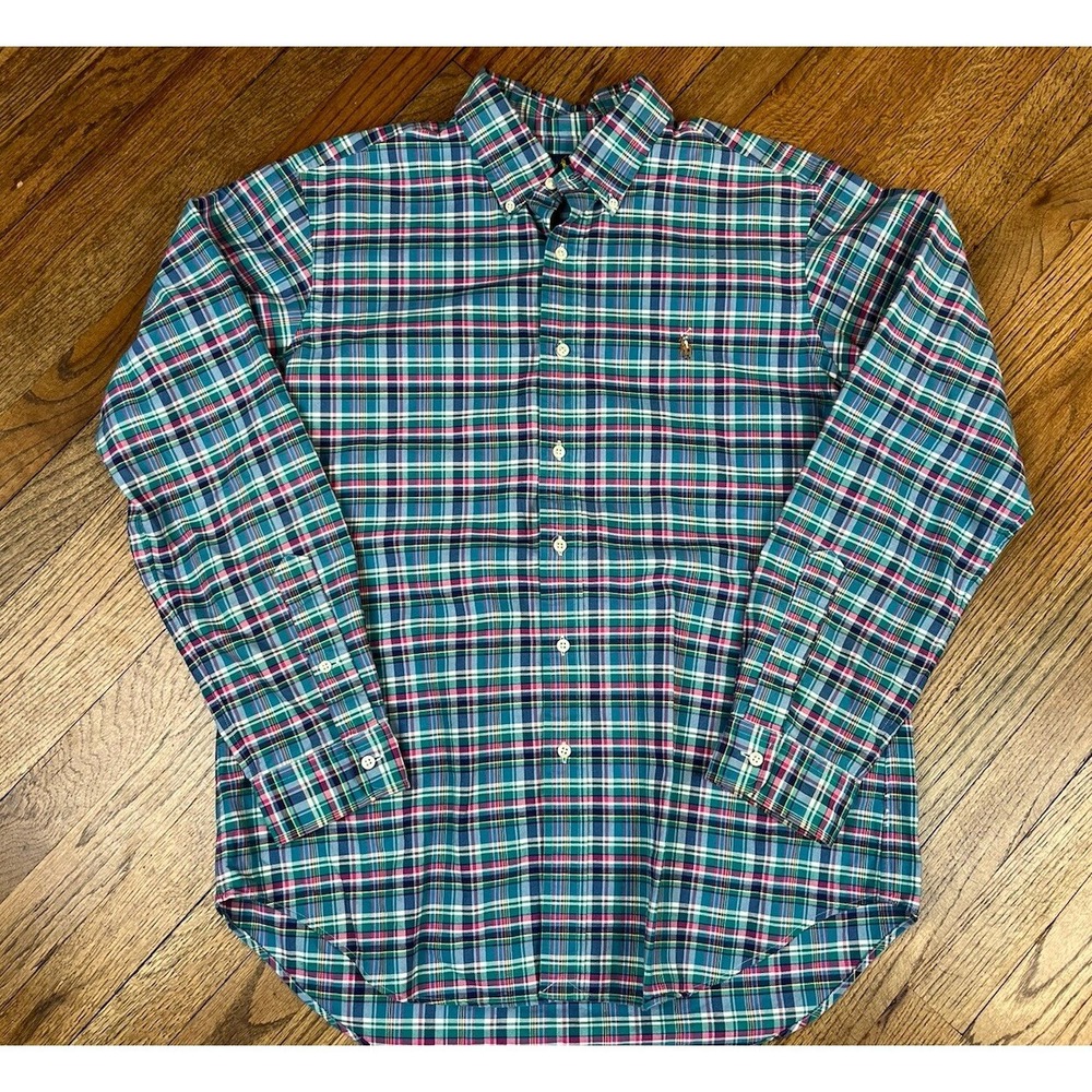 Polo Ralph‎ Lauren Flannel Shirt Green Plaid Button Up Colorful Men's Sz Large